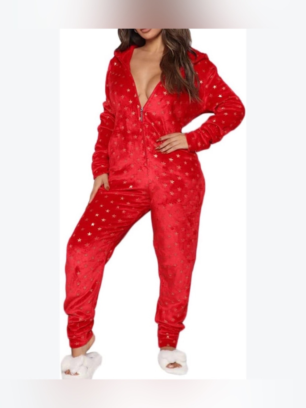 Christmas Holiday Red Plush Gold Star-Print Zip Front Onesie